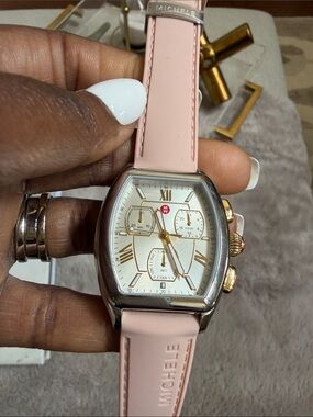Michele Silver Dial Pink Strap Chronograph Watch